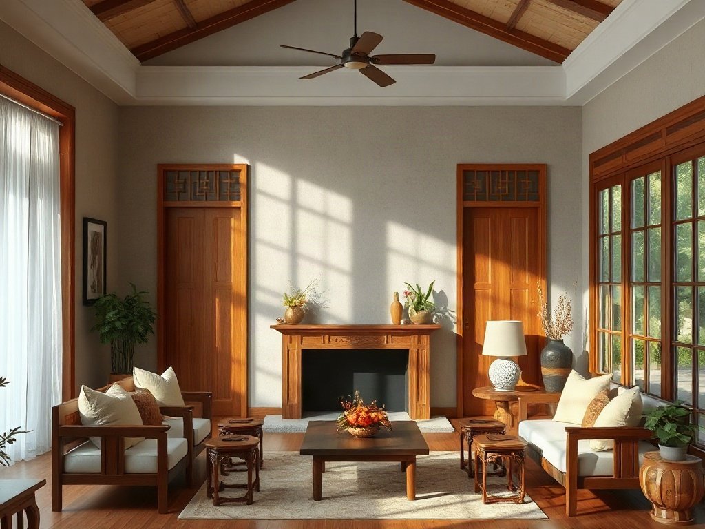 Bàn thờ gỗ tự nhiên trong phòng khách truyền thống Việt Nam