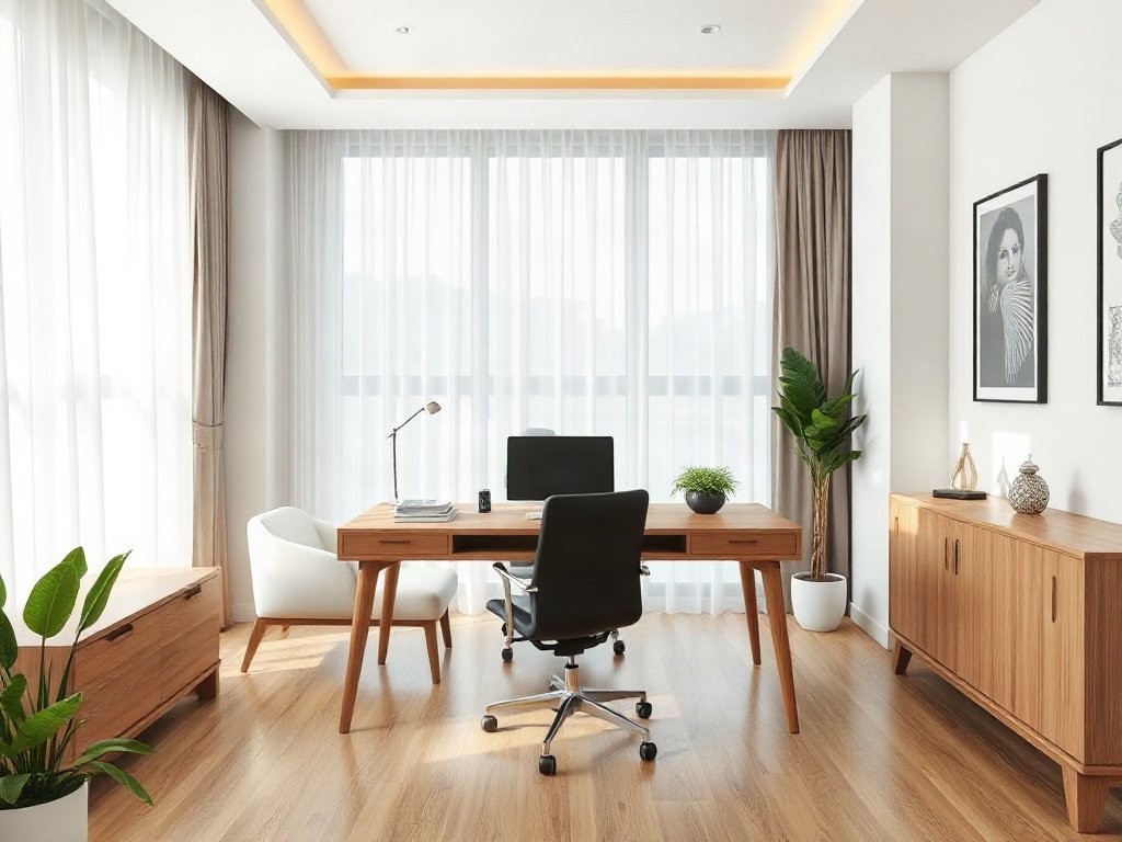 Bàn làm việc gỗ rộng rãi trong nhà hiện đại Việt Nam với ánh sáng tự nhiên