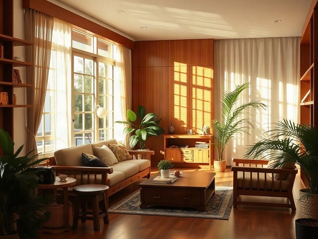 Phòng khách Việt Nam với nội thất gỗ tự nhiên