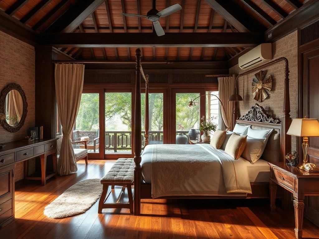 Nội thất phòng ngủ sang trọng với đồ gỗ phong cách Việt Nam, ánh sáng tự nhiên