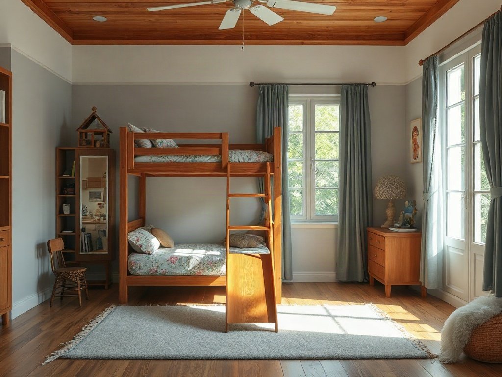 Phòng ngủ trẻ em với giường tầng gỗ có cầu trượt, phong cách Việt