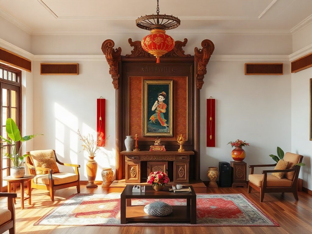 Tủ thờ truyền thống Việt Nam trong phòng khách ngập tràn ánh sáng tự nhiên