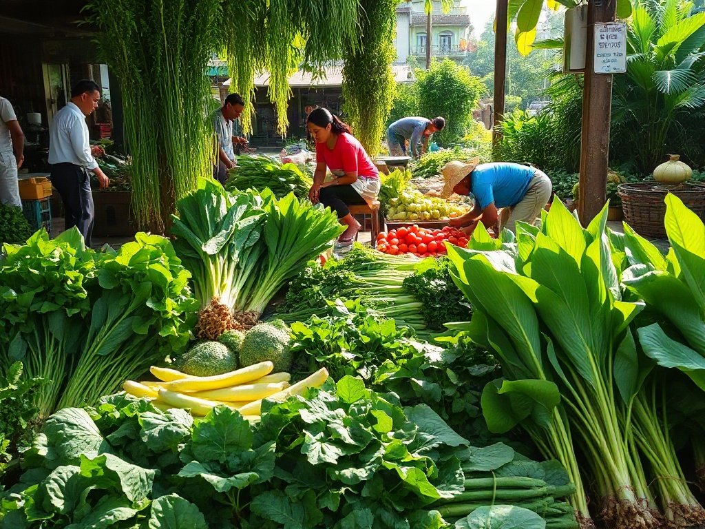 Khu chợ rau cải tươi tại Việt Nam dưới ánh sáng tự nhiên