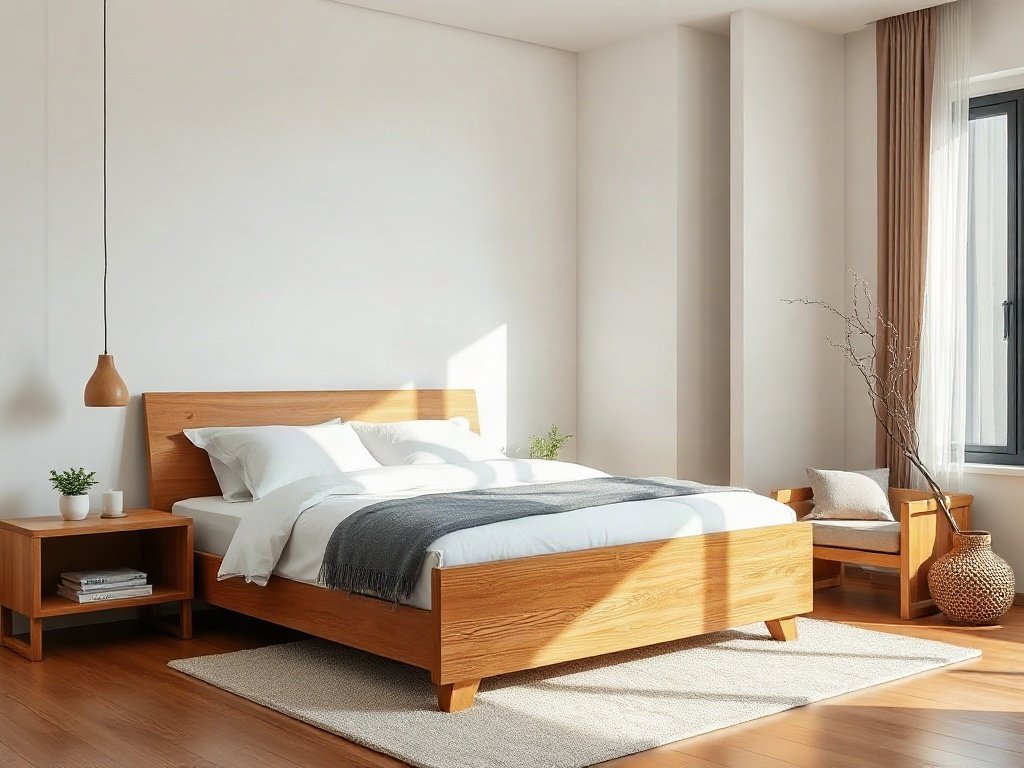Giường gỗ hiện đại trong phòng ngủ phong cách Việt Nam, ánh sáng tự nhiên