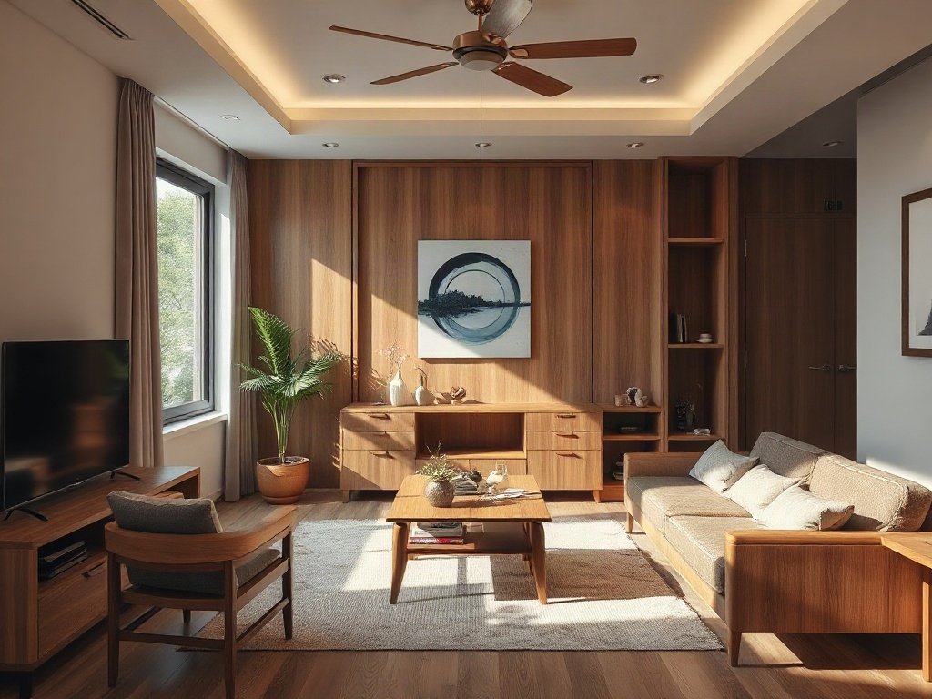 Nội thất phòng khách hiện đại với ghế gỗ tự nhiên