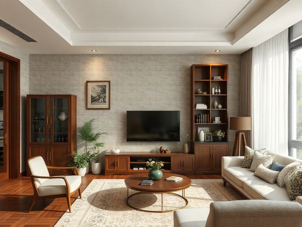 Phòng khách hiện đại với tủ rượu gỗ, ánh sáng tự nhiên