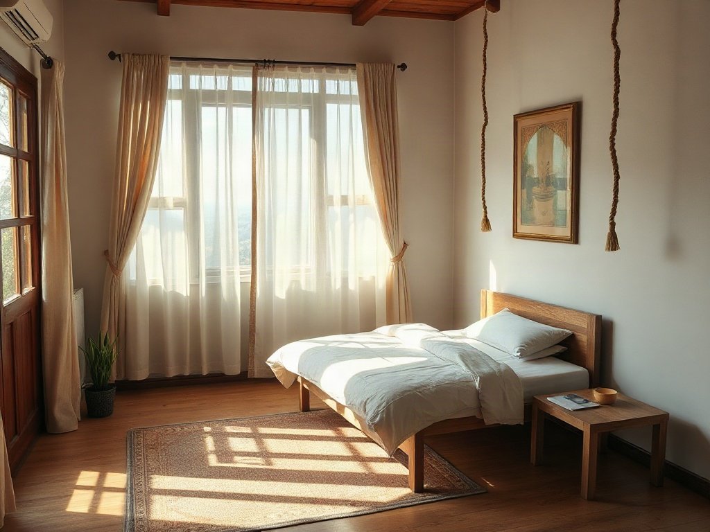 Phòng ngủ Việt Nam ấm áp với giường gỗ xếp và ánh sáng tự nhiên