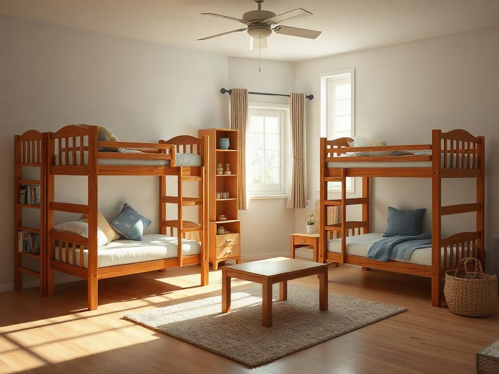 Phòng trẻ em Việt Nam với giường tầng gỗ tự nhiên.