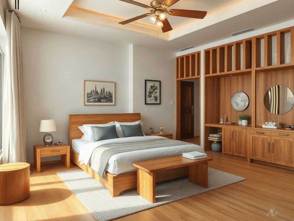 Phòng ngủ sang trọng với nội thất gỗ tự nhiên, hình ảnh thực