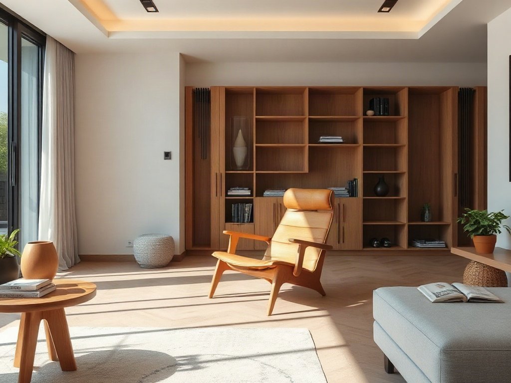 Phòng khách hiện đại với ghế thư giãn gỗ phong cách Việt Nam.
