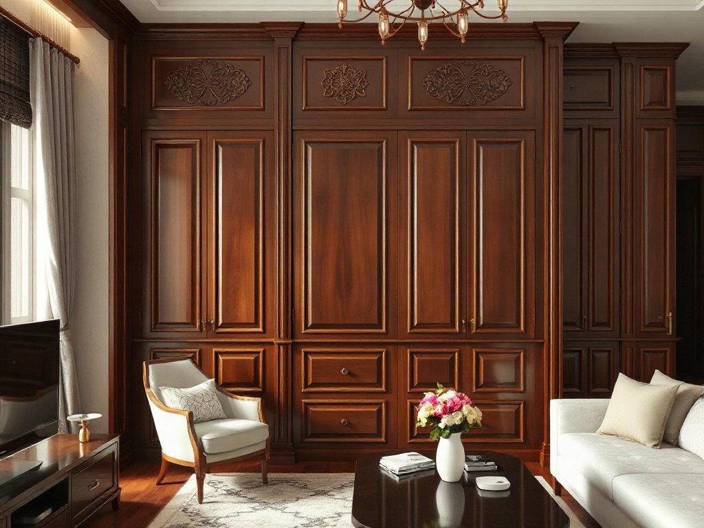 Phòng khách sang trọng với tủ gỗ điêu khắc hoa văn ở Việt Nam