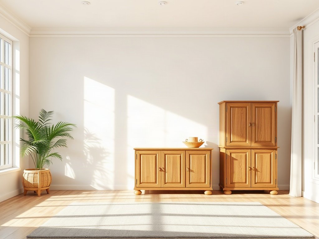 Phòng khách sáng sủa với tủ gỗ lưu trữ hiện đại