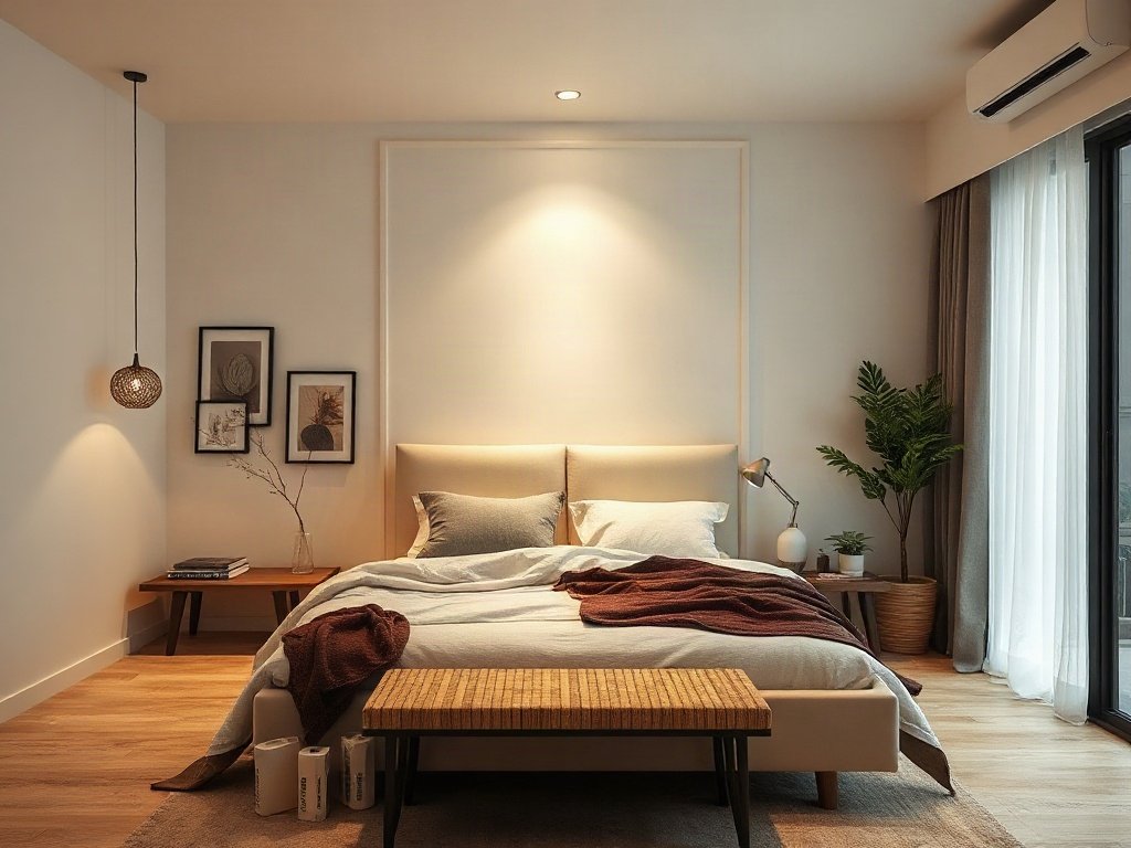 Giường ngủ và nội thất gỗ tự nhiên trong phòng ngủ thoải mái