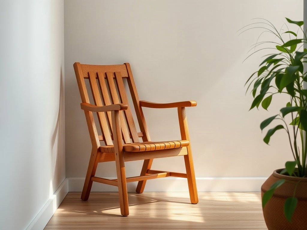 Ghế gỗ gấp gọn trong không gian nhỏ, ánh sáng tự nhiên, thẩm mỹ nội thất Việt