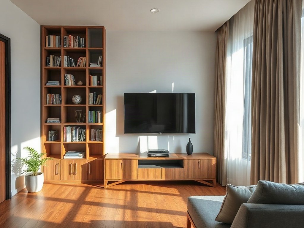 Nội thất hiện đại Việt Nam với đơn vị tivi và giá sách