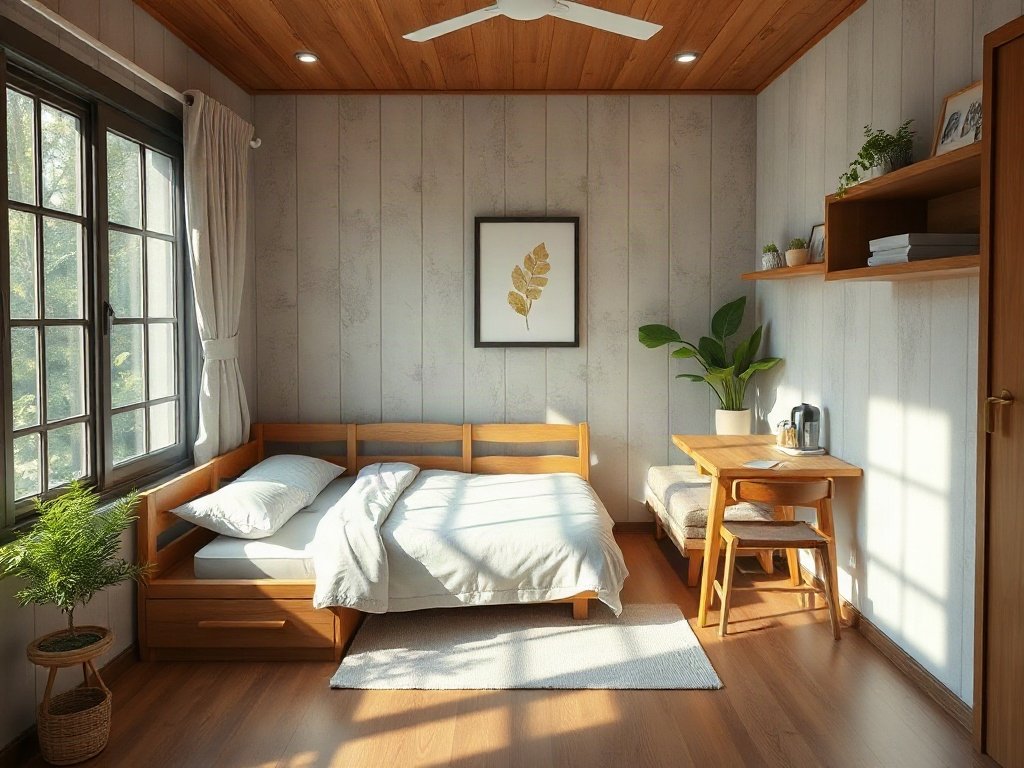 Căn hộ studio nhỏ gọn với giường gấp bằng gỗ