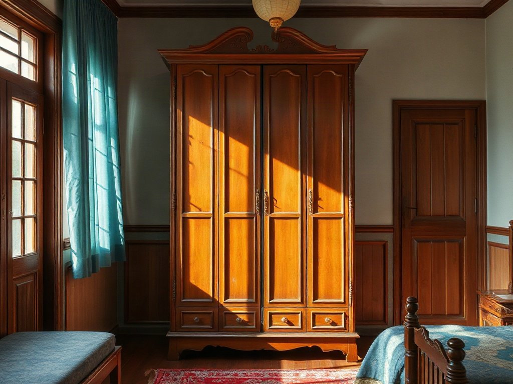 Phòng Việt Nam với tủ quần áo gỗ, bối cảnh thực tế sống động, ánh sáng tự nhiên