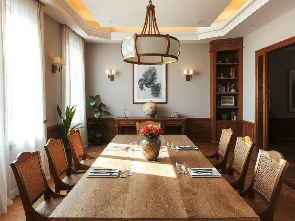 Phòng ăn Việt Nam với bàn gỗ lớn và ánh sáng tự nhiên