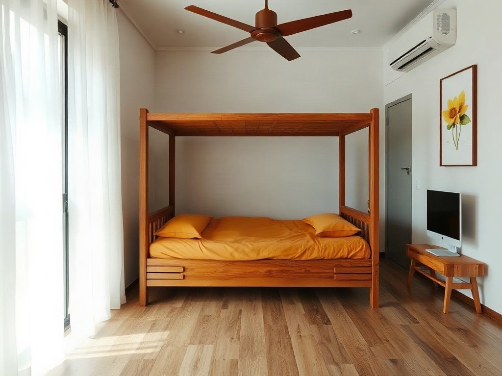 Phòng ngủ nhỏ gọn với giường gỗ xếp tiết kiệm diện tích