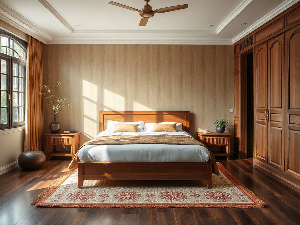 Phòng ngủ kiểu Việt Nam với giường lớn, bàn đầu giường gỗ và ánh sáng tự nhiên