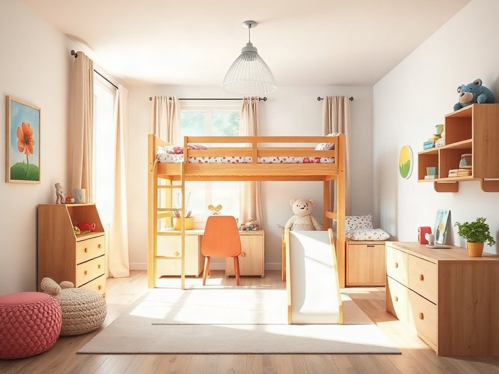 Nội thất đẹp với giường tầng và cầu trượt trong phòng trẻ em đầy màu sắc