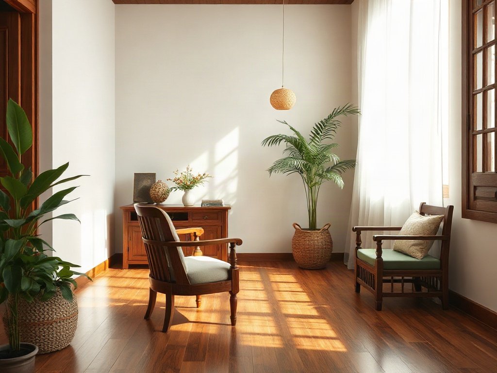 Nội thất Việt Nam truyền thống với ghế dài gỗ tinh tế