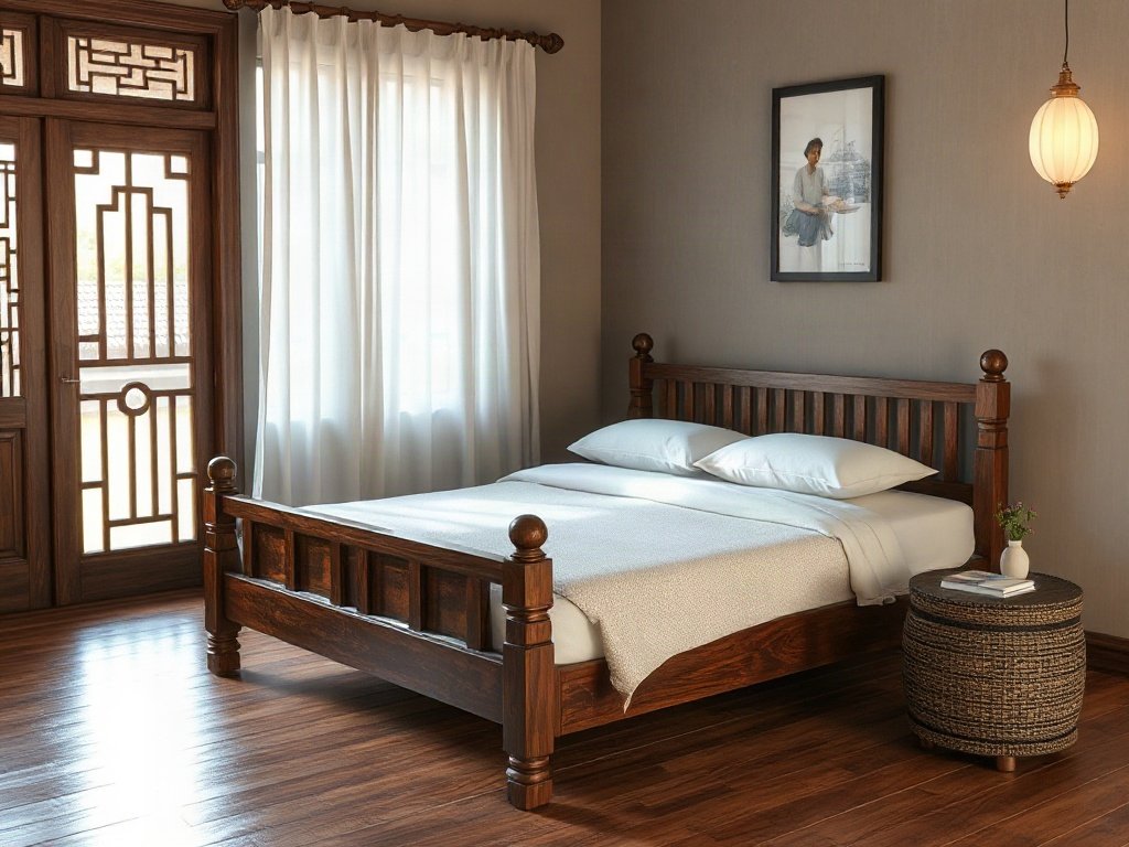 Giường gỗ cổ điển trong không gian truyền thống Việt Nam, ánh sáng tự nhiên