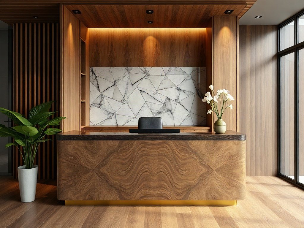 Quầy lễ tân gỗ thanh lịch trong không gian nhỏ