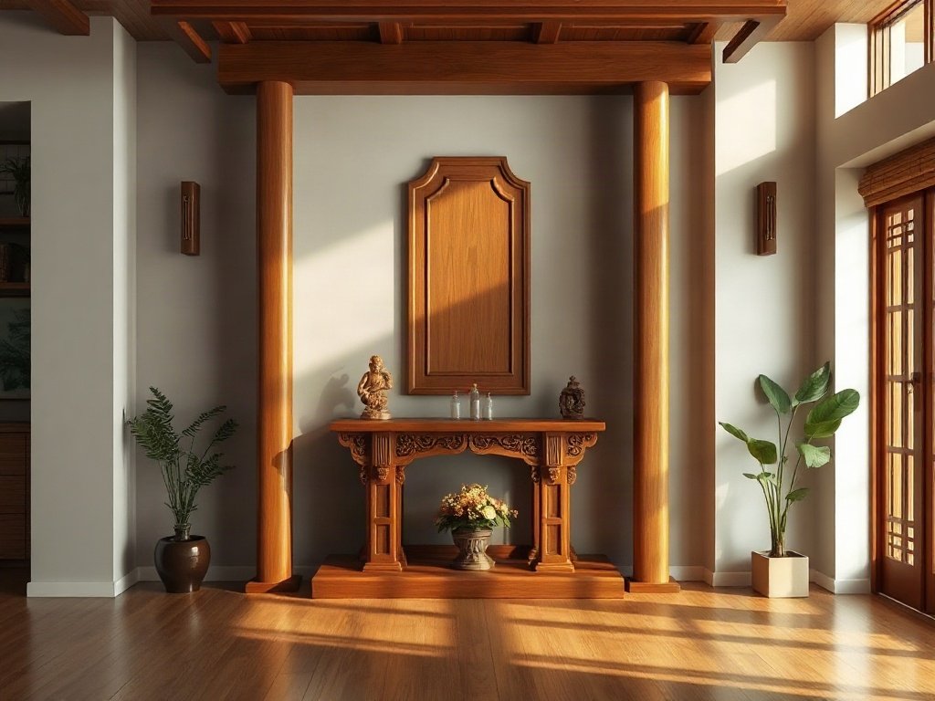Bàn thờ gỗ hiện đại trong căn hộ Việt Nam ánh sáng tự nhiên