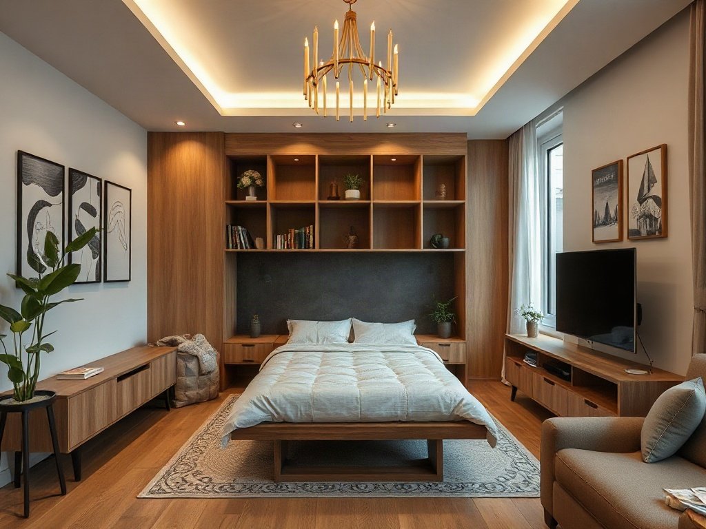 Phòng khách hiện đại ở Việt Nam với giường xếp gỗ tiết kiệm diện tích