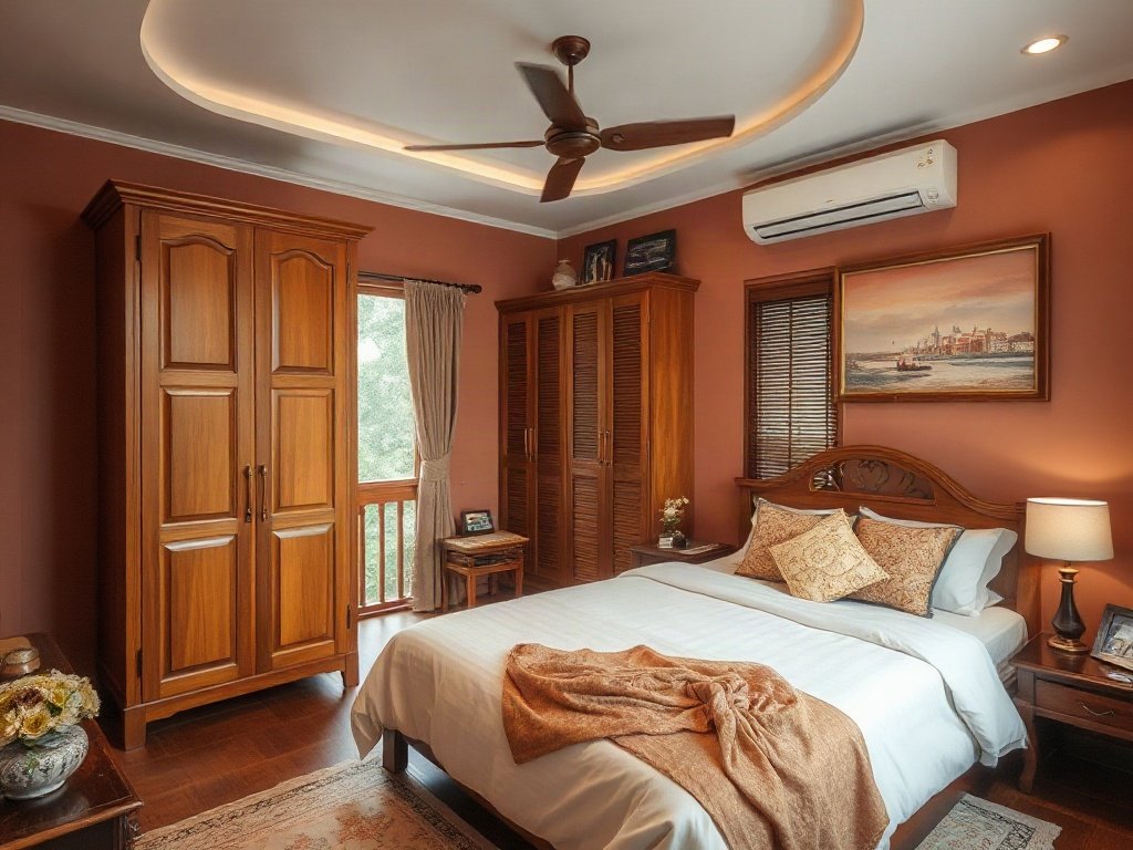 Phòng ngủ truyền thống Việt Nam với tủ áo gỗ