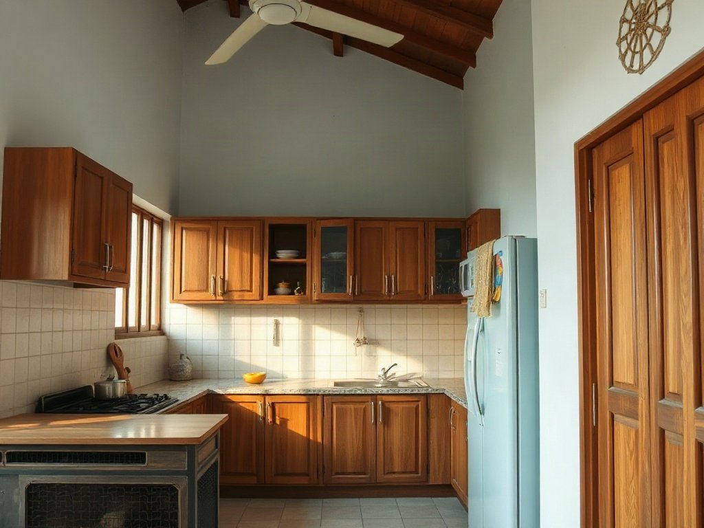 Nhà bếp truyền thống Việt Nam với tủ gỗ.