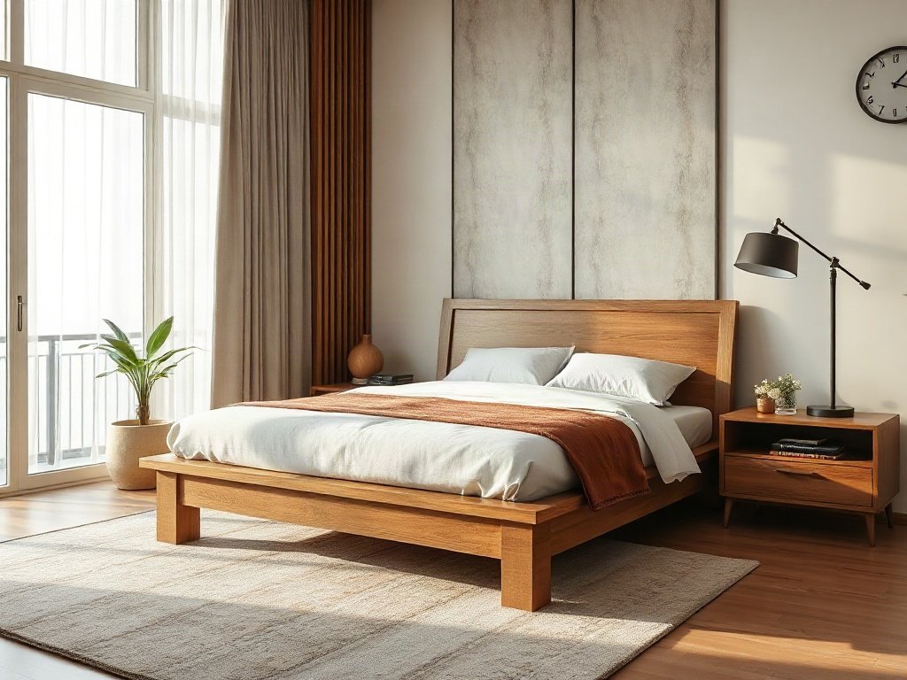 Giường gỗ thanh lịch trong nhà Việt hiện đại, ánh sáng tự nhiên