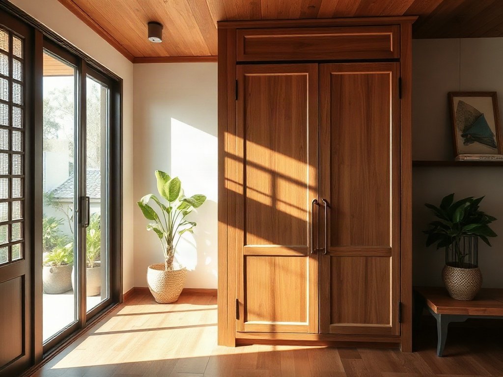 Nội thất nhà Việt với tủ gỗ thủ công, ánh sáng tự nhiên