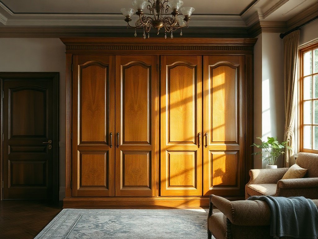 Phòng trang nhã với tủ quần áo gỗ bốn cánh