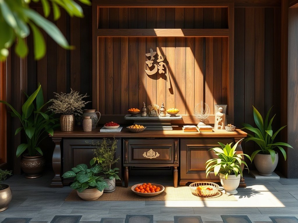 Bàn thờ gỗ phong cách Việt Nam với lễ vật và ánh sáng tự nhiên
