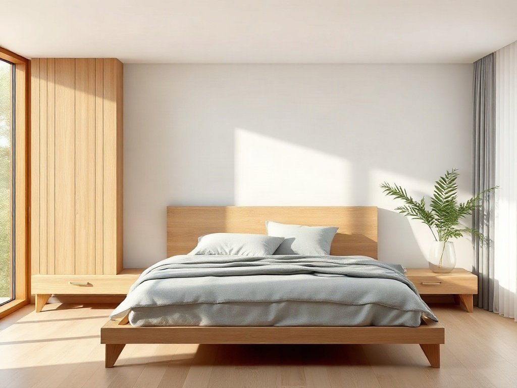 Phòng ngủ với giường gỗ phong cách tối giản, ánh sáng tự nhiên