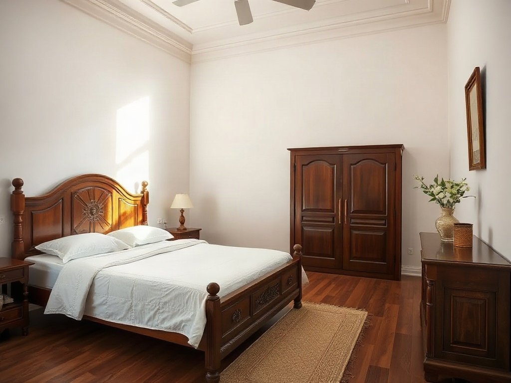 Phòng ngủ Việt Nam với giường gỗ và ánh sáng tự nhiên