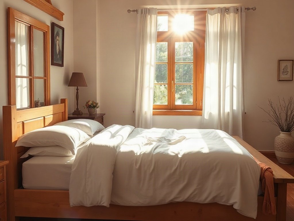 Phòng ngủ ngập tràn ánh sáng với giường gỗ lớn và ga trải giường trắng