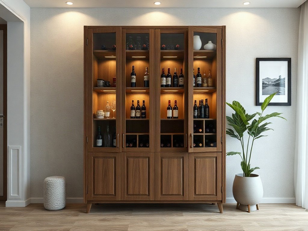 Tủ rượu gỗ sang trọng trong nội thất nhà Việt Nam hiện đại