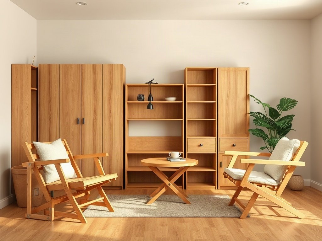 Nội thất gỗ xếp gọn với màu tự nhiên trong căn phòng ấm cúng