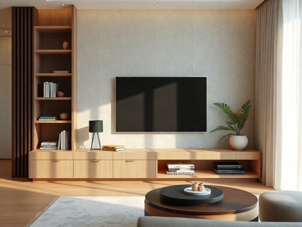 Phòng khách tối giản với kệ tivi tích hợp, phong cách Việt Nam