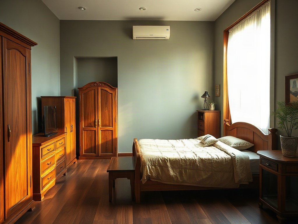 Nội thất gỗ trong phòng ngủ Việt Nam, ánh sáng tự nhiên sáng rực, không có chữ