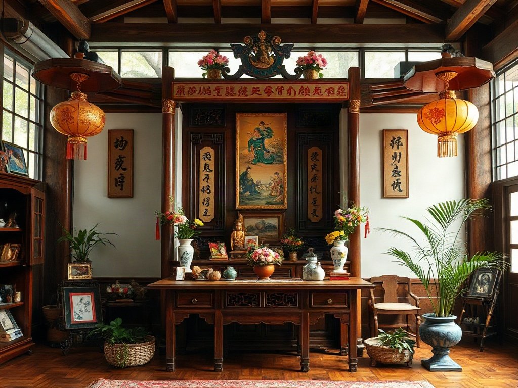 Bàn thờ gỗ phong cách Việt Nam cùng vật phẩm gia truyền