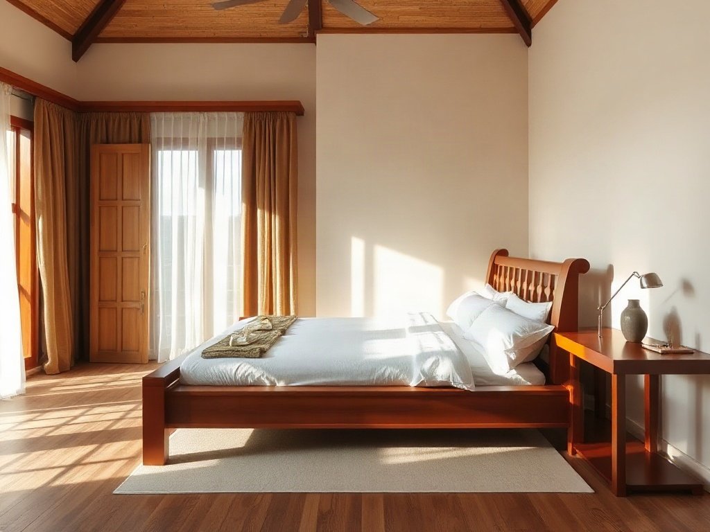 Giường gỗ sang trọng trong phòng rộng rãi kiểu Việt Nam tràn ngập ánh nắng