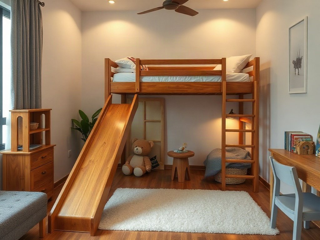Phòng trẻ em ấm cúng ở Việt Nam với giường tầng có cầu trượt, trang trí đồ chơi và sách