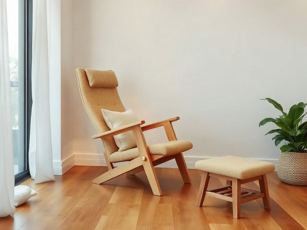 Không gian rộng rãi với ghế thư giãn gỗ tự nhiên, ánh sáng ấm áp