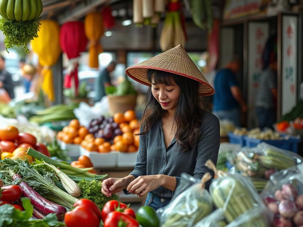 Người phụ nữ Việt Nam chọn rau tại chợ ngoài trời sôi động