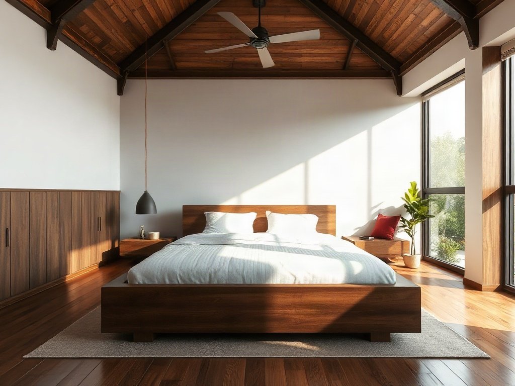 Phòng ngủ hiện đại với giường gỗ sang trọng, phong cách Việt Nam, ánh sáng tự nhiên
