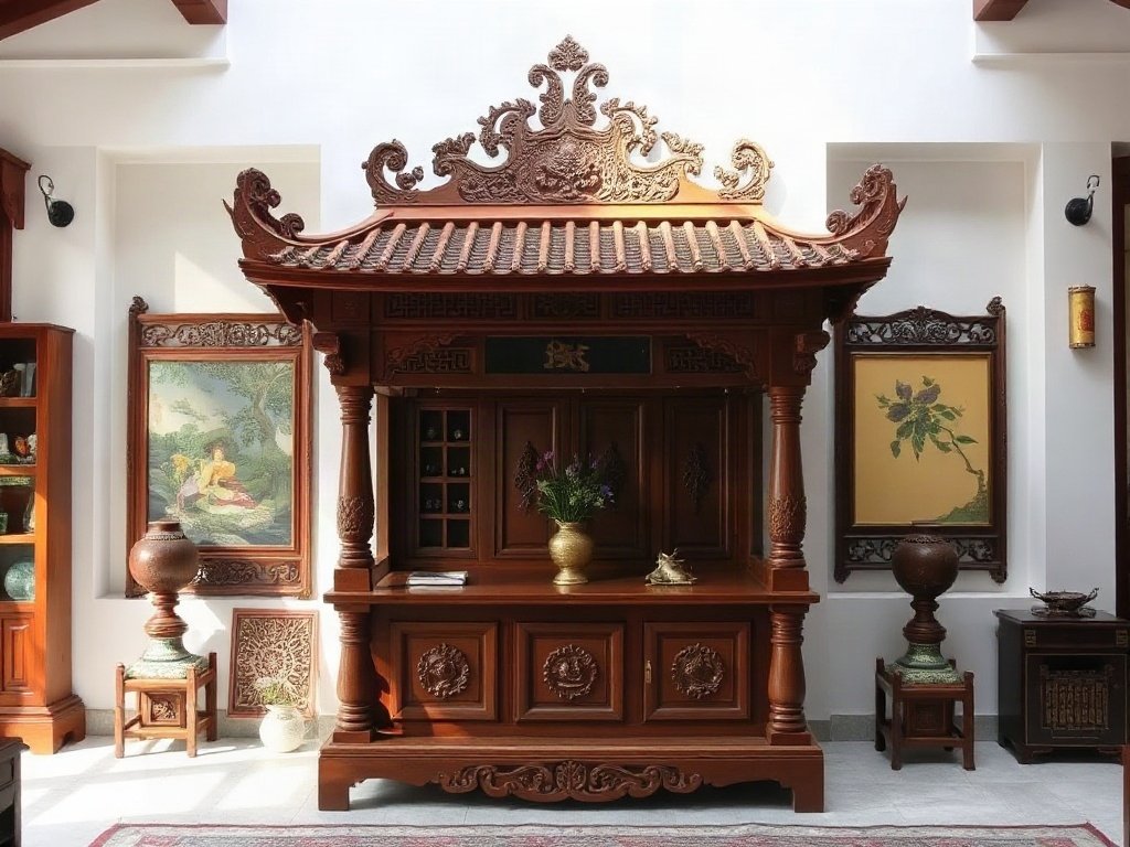 Bàn thờ gỗ truyền thống Việt Nam với họa tiết chạm khắc trong phòng gia đình ánh sáng ban ngày